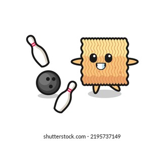 Character cartoon of raw instant noodle is playing bowling , cute style design for t shirt, sticker, logo element