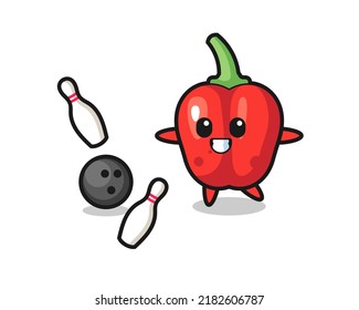 Character cartoon of red bell pepper is playing bowling