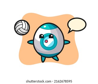 Character cartoon of rocket is playing volleyball , cute style design for t shirt, sticker, logo element