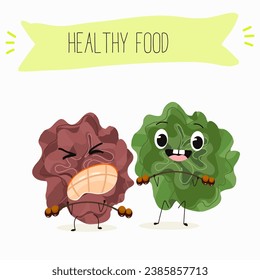 Character cartoon Salad of green and red trocadero lettuce, lactuca sativa vector illustration, funny greens, cheerful vegetables.