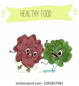 Character cartoon Salad of green and red trocadero lettuce, lactuca sativa vector illustration, funny greens, cheerful vegetables.
