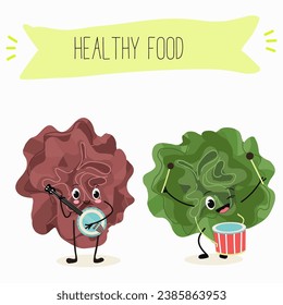 Character cartoon Salad of green and red trocadero lettuce, lactuca sativa vector illustration, funny greens, cheerful vegetables.