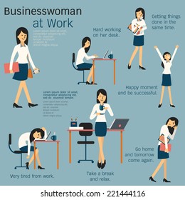 Character cartoon set of businesswoman or office person daily working in workplace, go to work, work on her desk, get tired, happy, take a break, busy, and go home. Simple design. 