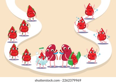 colección de dibujos animados de personajes ducha de riñón sucia y caída de sangre débil. ayuda a que la sangre caiga fresca, limpia, feliz, sonríe, fuerte saludable. caricatura vectorial moderna de moda de estilo plano.