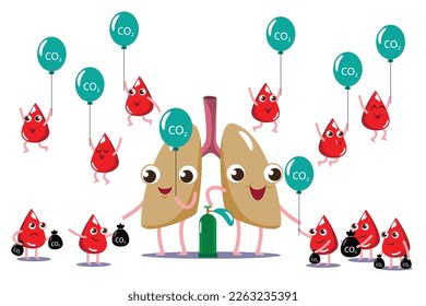character cartoon set collection  lungs purify dirty and weak blood drop. help blood drop fresh, clean, happy , smile, strong healthy. vector modern trendy flat style cartoon.