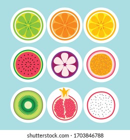 Character Cartoon Set of fruit halves: lemon, orange, kiwi, pomegranate, passion fruit, lime, watermelon, mangosteen, Dragon Fruit, Vector Illustration