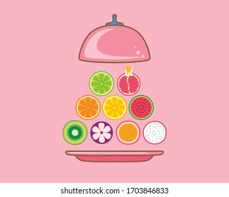Caricatura Juego de frutas: limón, naranja, kiwi, granada, fruta de la pasión, lima, sandía, mangostino, fruta Dragon, Vector Ilustración