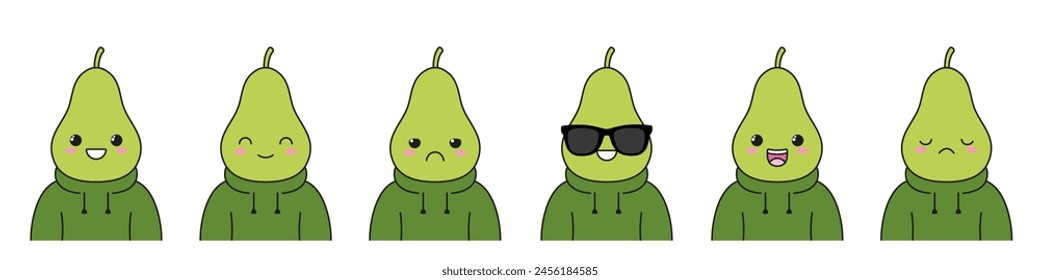 Character cartoon set green pear cute beautiful fruit smiling sad happy joy vector illustration.