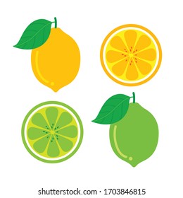 Caricatura Cartoon Set de fruta limón y lima, segmentados en fondo blanco. Ilustración vectorial.