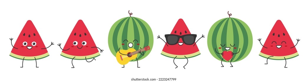 Character cartoon set watermelon fresh juicy slice greeting jumping sings love running cute smiling face cheerful kawaii joy happy emotions icon vector illustration.