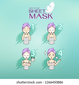 Character Cartoon Show How to Use Sheet Mask Treatment Collagen Vitamin or Serum on Skin Face step by step. Vector for Skin Care Cosmetic Products. 