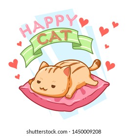 Character cartoon of sleeping cat, Cute animal sleep on pink pillow, Happy cat font on green ribbon with red heart and white background - Vector