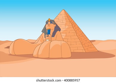 Character Cartoon The Sphinx and Pyramids Egypt Landscape. Vector illustration