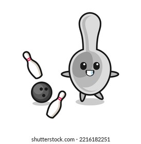 Character cartoon of spoon is playing bowling , cute design
