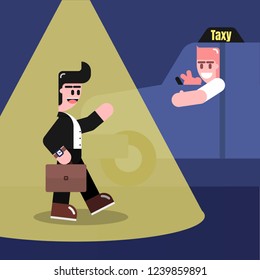 Character cartoon story of Businessmen waving cabs and house at night. Isolate Flat design. All parts can be moved.