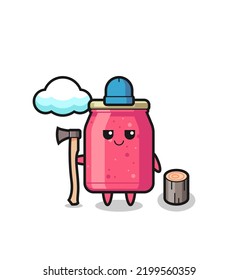 Character cartoon of strawberry jam as a woodcutter , cute design