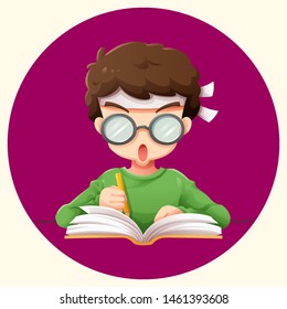 Character cartoon of students read book before the exam, Children diligently study books, decoration and clipart,
Purple circle and white background - Vector