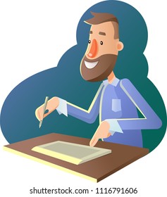 Character in the cartoon style. The man at the computer. Job. Flat style. Positive character. Illustration of a man in three quarters to the waist. A man is sitting at the workplace.