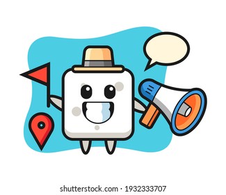 Charakterkartoon des Zuckerwürfels als Reiseführer