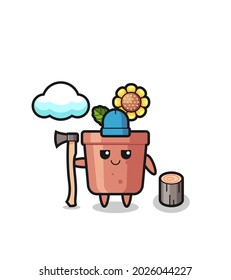 Character cartoon of sunflower pot as a woodcutter , cute style design for t shirt, sticker, logo element