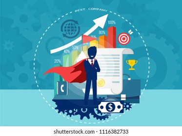 Character cartoon of super hero businessman with successful financial career. Flat design.