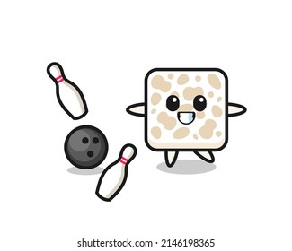 Character cartoon of tempeh is playing bowling , cute design