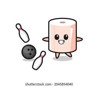 Character cartoon of tissue roll is playing bowling , cute design