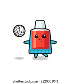 Character cartoon of toothpaste is playing volleyball , cute design
