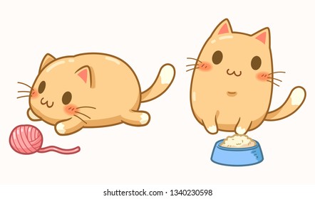 Character cartoon of two lovely orange cats with item, food and yarn – vector illustration