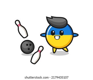 Character cartoon of ukraine flag badge is playing bowling , cute style design for t shirt, sticker, logo element