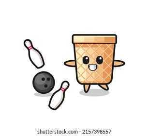 Character cartoon of waffle cone is playing bowling , cute design