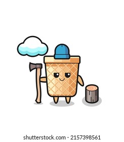 Character cartoon of waffle cone as a woodcutter , cute design