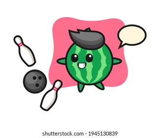 Character cartoon of watermelon is playing bowling