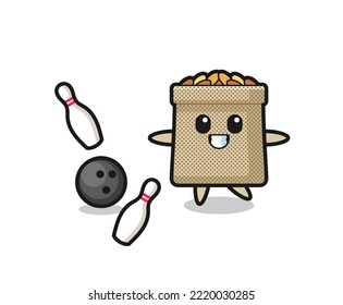 Character cartoon of wheat sack is playing bowling , cute design