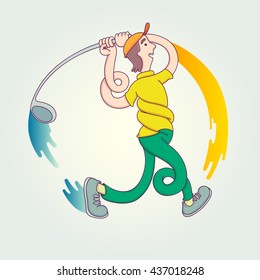 Character cartoon, Young golfer hitting a shot with an iron. Vector Illustration design template with sports in trendy linear style.