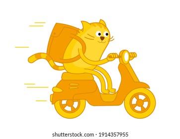 Character cat delivery service. Pet mascot. On a motorbike. Vector illustration. Ginger cat. Pizza and food delivery.