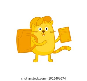 Character cat. Delivery service. Pet mascot. Pizza and food deliveryman. With a backpack and contract. Vector cartoon.