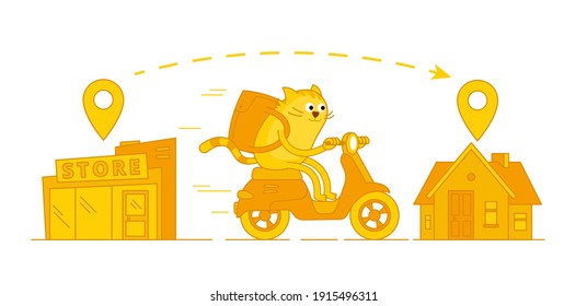 Character cat delivery service. From store to home. Pet mascot. On a motorbike. Vector cartoon illustration. Pizza and food delivery.