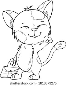  Character cat with school bag
, line art, black and white drawing illustration for kids. Vector kitten with bag, cartoon cute happy white cat smiling.Coloring Page for Children.