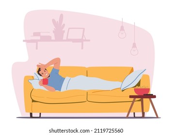 Character Caught Flu, Sickness Concept. Sick Man Got Cold, Diseased Sad Person Lying on Sofa Drinking Hot Beverage. Medicine Disease Illness Treatment, Health Care. Cartoon People Vector Illustration