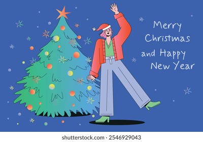 Character celebrates Christmas near a decorated tree. The character, with short pink hair, wears casual festive clothing and a Santa hat, smiling happily. Isolated style.