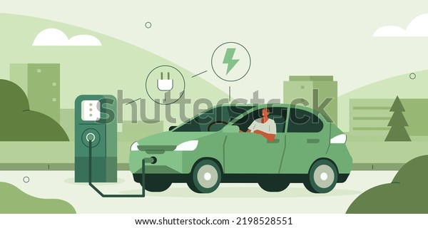 Character Charging Electric Car Battery Near Stock Vector (Royalty Free ...