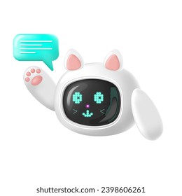 El personaje de un asistente de chatbot en la forma de un gato robot con inteligencia artificial de estilo 3D. Isolated.Cute y friendly.Vector ilustración de stock.