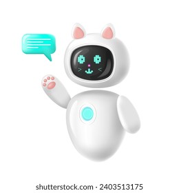 El personaje de un asistente de chatbot en la forma de un gato robot con inteligencia artificial de estilo 3D. Isolated.Cute y friendly.Vector ilustración de stock.