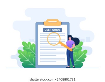 Character checking user manual book, Handbook, Guidebook, instruction book, Customer guide, Useful information, Technical document, Help, Specifications user guidance flat illustrations