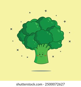 The character is a cheerful broccoli. Cartoon mascot of broccoli in vector. A pretty, happily smiling broccoli. Vector flat illustration, design, menu, background.