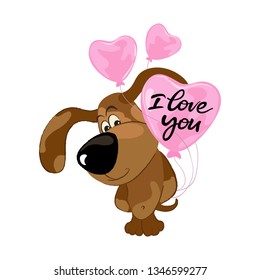 Character cheerful dog holding pink balloons.