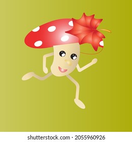 The character is a cheerful fly agaric. The fly agaric works, there is an autumn red leaf on the hat. Vector isolated on a dark background