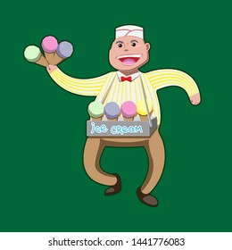 Character cheerful ice cream seller with a tray goes sells. Vector image. eps