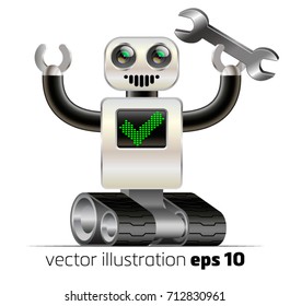 character cheerful robot on the tracks with a wrench